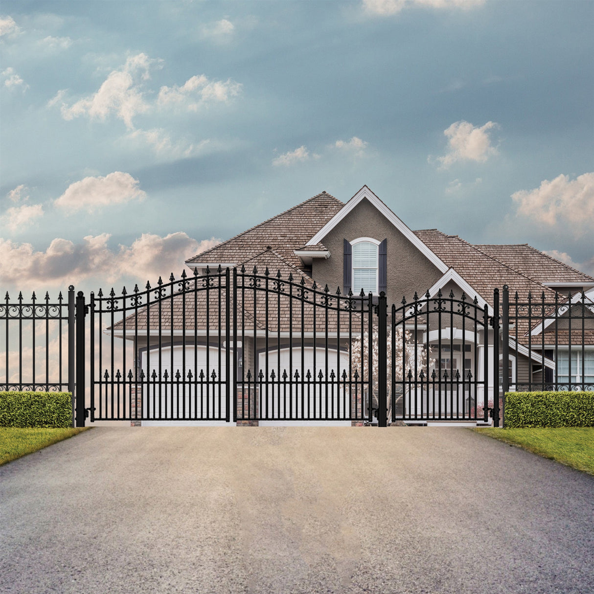 Aleko Steel Dual Swing Driveway Gate - ST. LOUIS Style - 14 ft with Pedestrian Gate - 5 ft