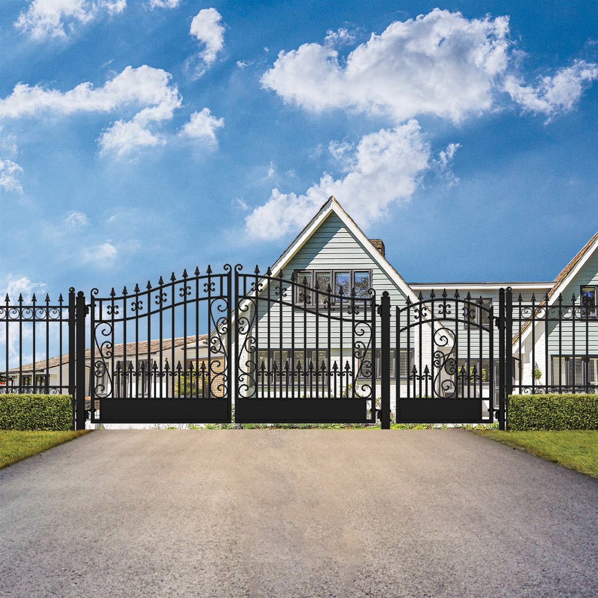 Aleko Steel Dual Swing Driveway Gate - VENICE Style - 14 ft with Pedestrian Gate - 5 ft