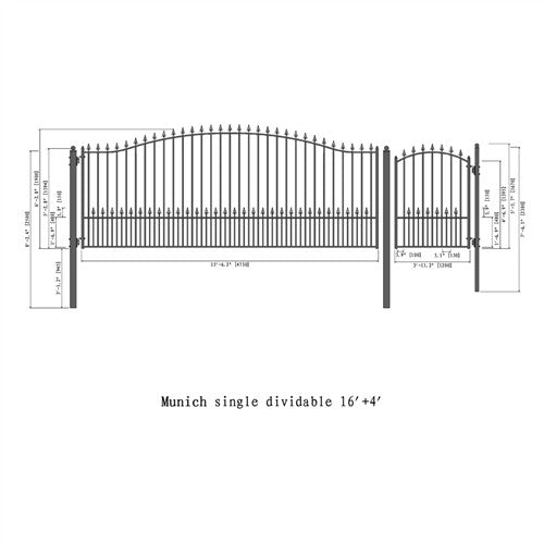 Aleko Steel Single Swing Driveway Gate - MUNICH Style - 16 ft with Pedestrian Gate - 5 ft