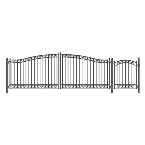 Aleko Steel Dual Swing Driveway Gate - DUBLIN Style - 18 ft with Pedestrian Gate - 5 ft