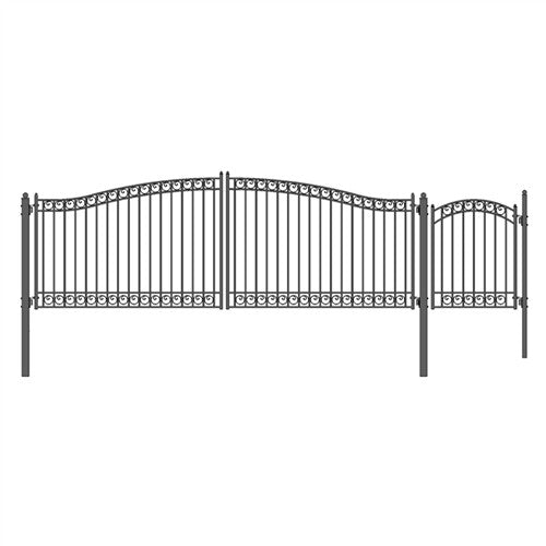 Aleko Steel Dual Swing Driveway Gate - DUBLIN Style - 18 ft with Pedestrian Gate - 5 ft