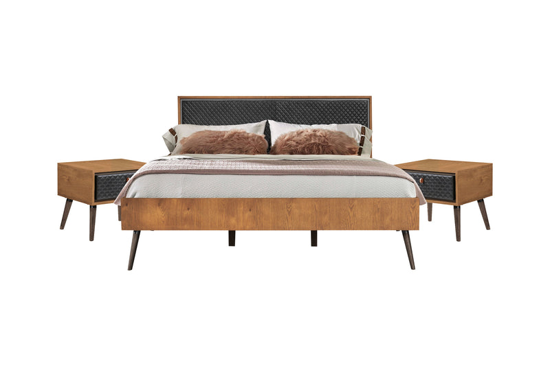 Coco 3-Piece Bedroom Set with Rustic Balsamico Finish, Upholstered Platform Bed & Nightstands
