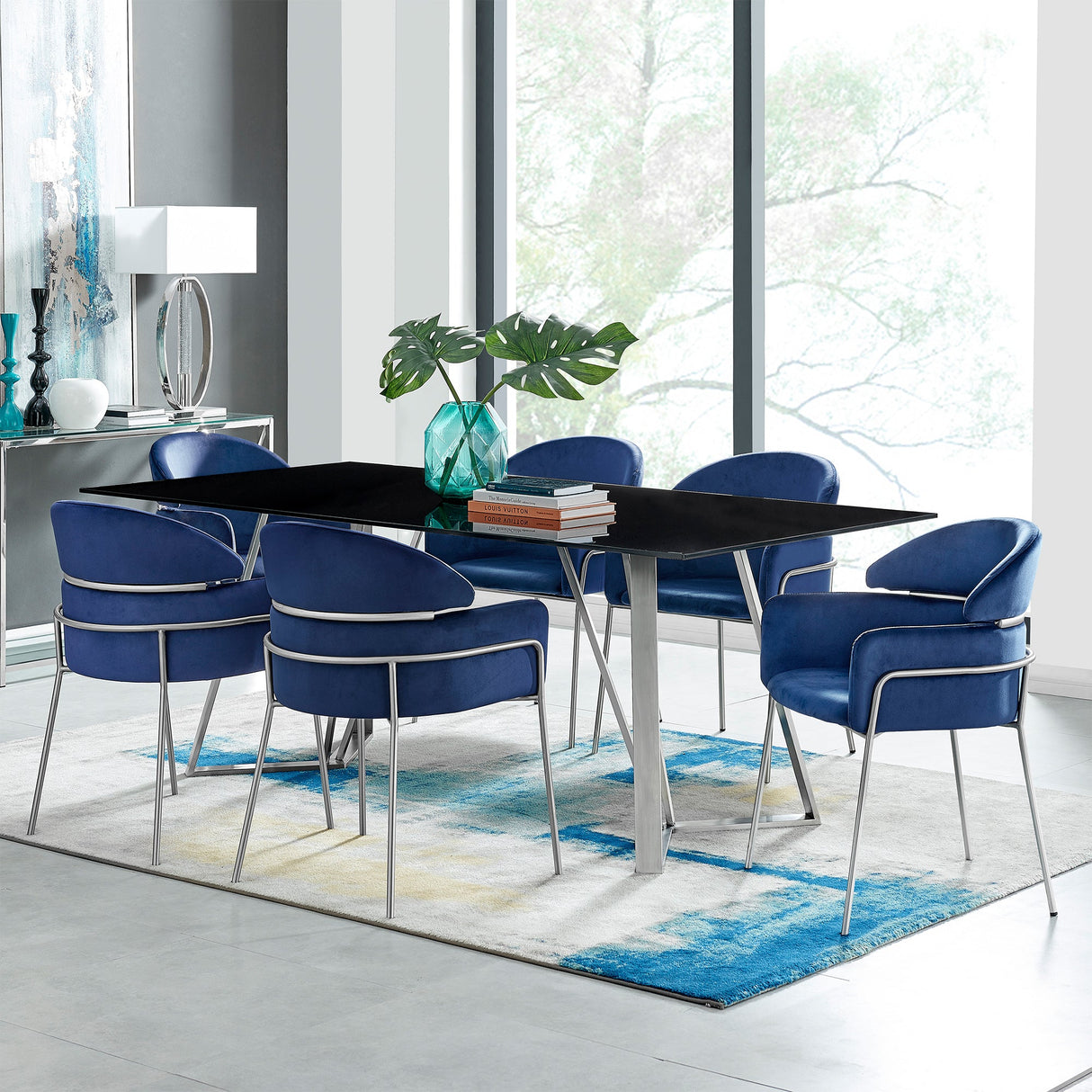 Cressida/Portia 7-Piece Dining Set - Modern Glass Top Table with Comfortable Stainless Steel Chairs