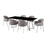 Cressida/Portia 7-Piece Dining Set - Modern Glass Top Table with Comfortable Stainless Steel Chairs