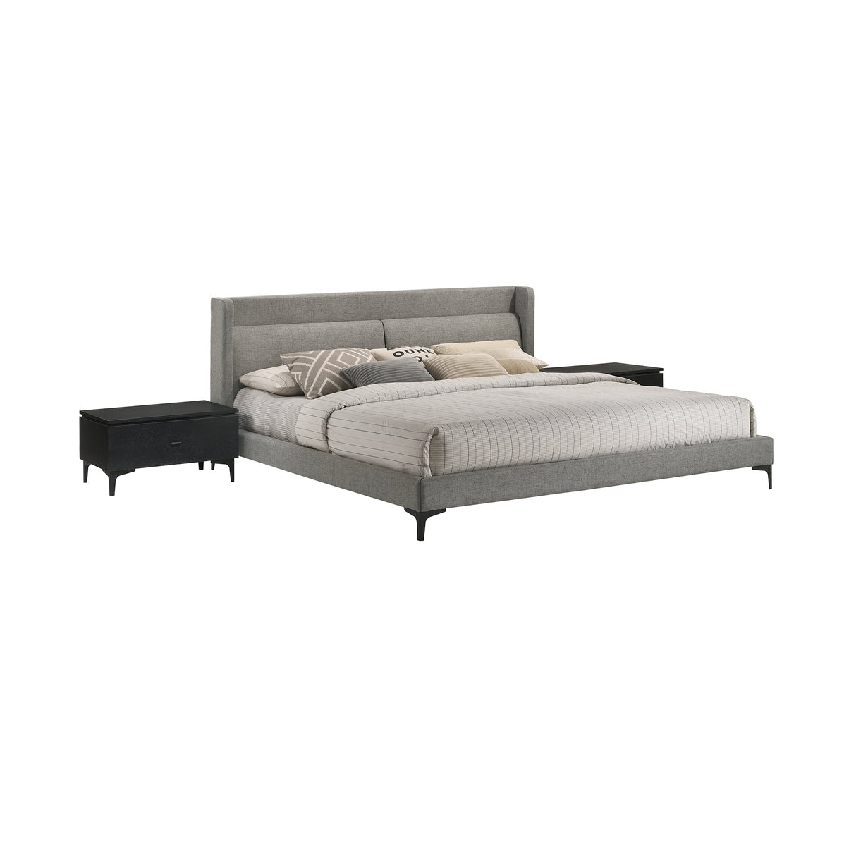 Legend Modern 3-Piece Gray Fabric King Bed and Nightstands Set with Soft-Close Drawers & Support
