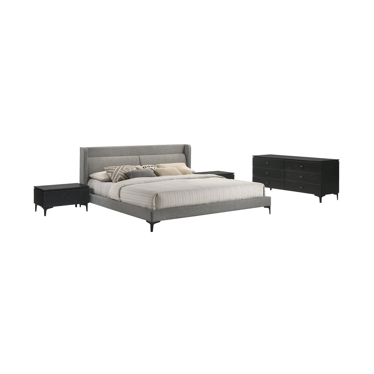 Legend 4-Piece Gray Fabric King Bedroom Set with Modern Dresser & Nightstands - Cozy Elegance!