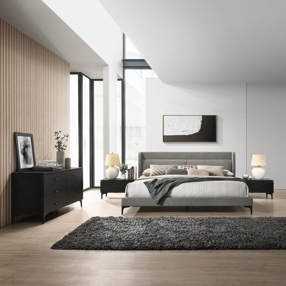 Legend 4-Piece Gray Fabric King Bedroom Set with Modern Dresser & Nightstands - Cozy Elegance!