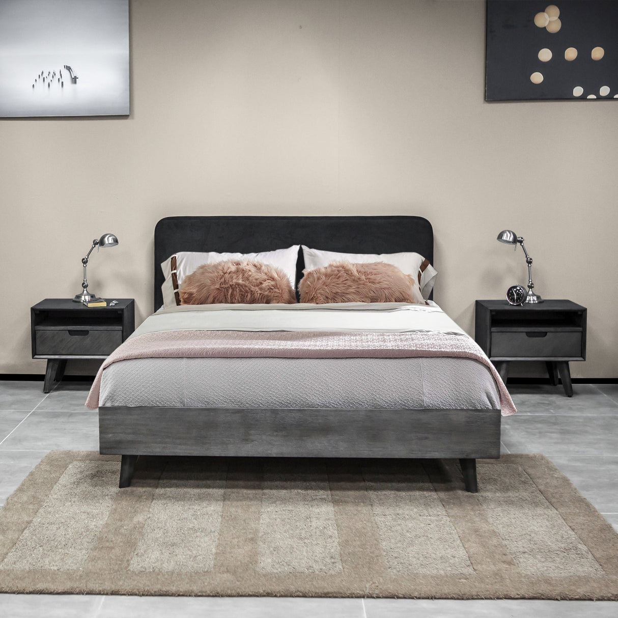 Mohave Acacia Wood 3-Piece Bedroom Set with Stylish Upholstered Headboard & Storage Nightstands