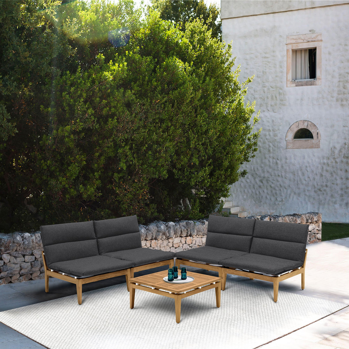 Arno 5-Piece Outdoor Teak Wood Lounge Set with Charcoal Olefin Cushions - Durable & Stylish Comfort