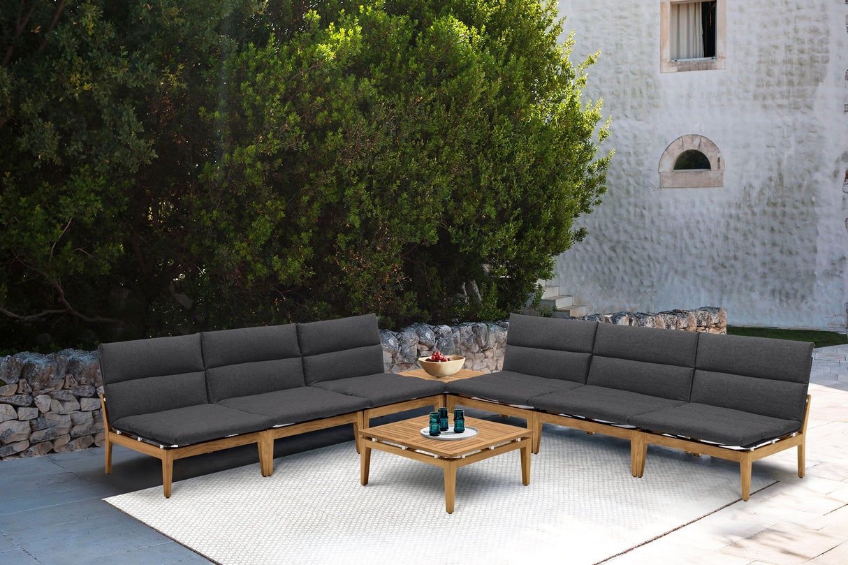 Arno Outdoor 8-Piece Teak Wood Seating Set with Comfortable Charcoal Olefin Cushions & Tables