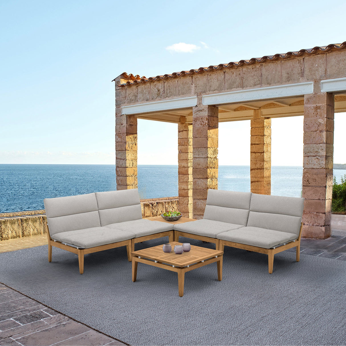 Arno Outdoor 6-Piece Teak Wood Conversation Set with Charcoal Olefin Cushions for Ultimate Comfort