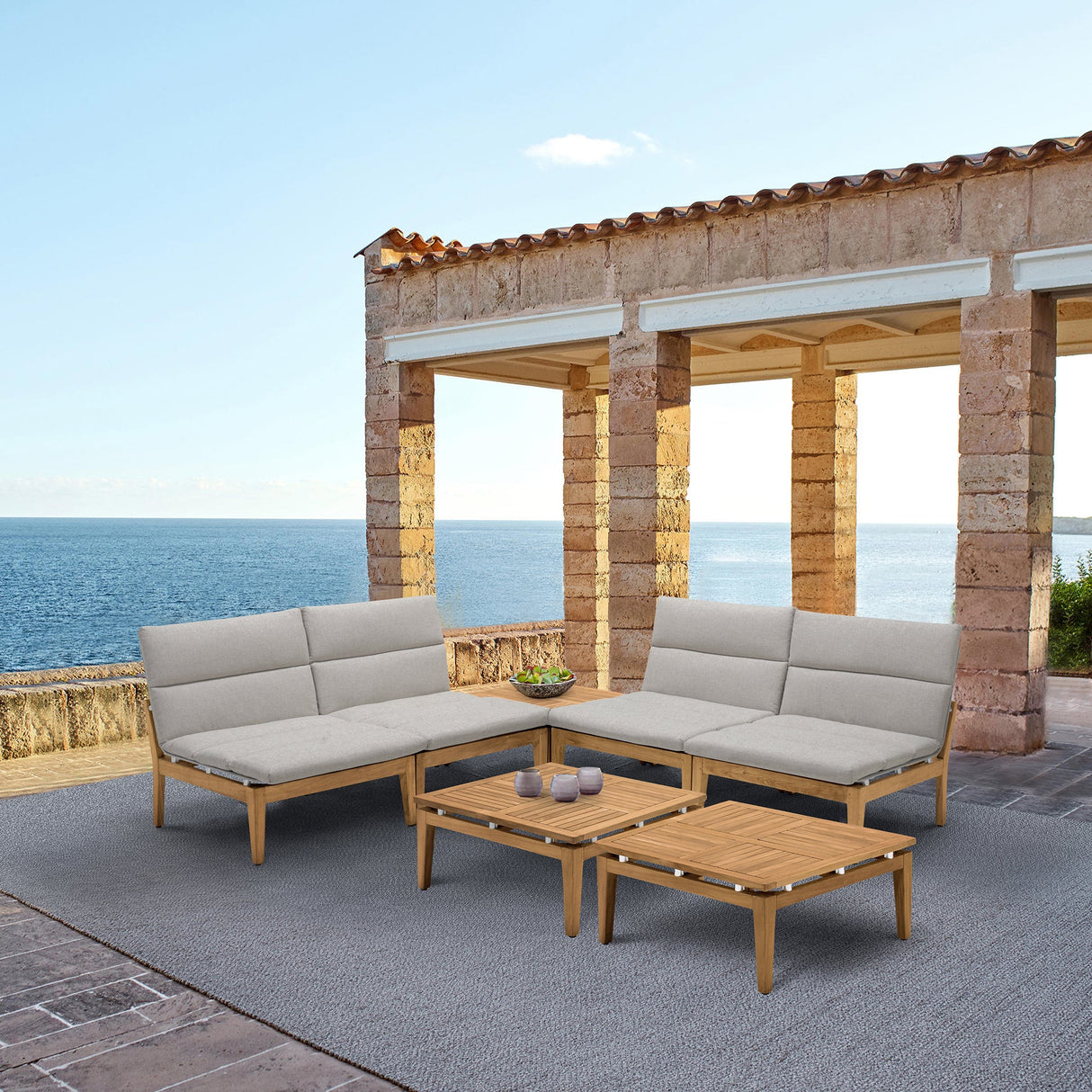 Arno 7-Piece Outdoor Teak Wood Seating Set with Olefin Cushions - Weather Resistant & Stylish Design