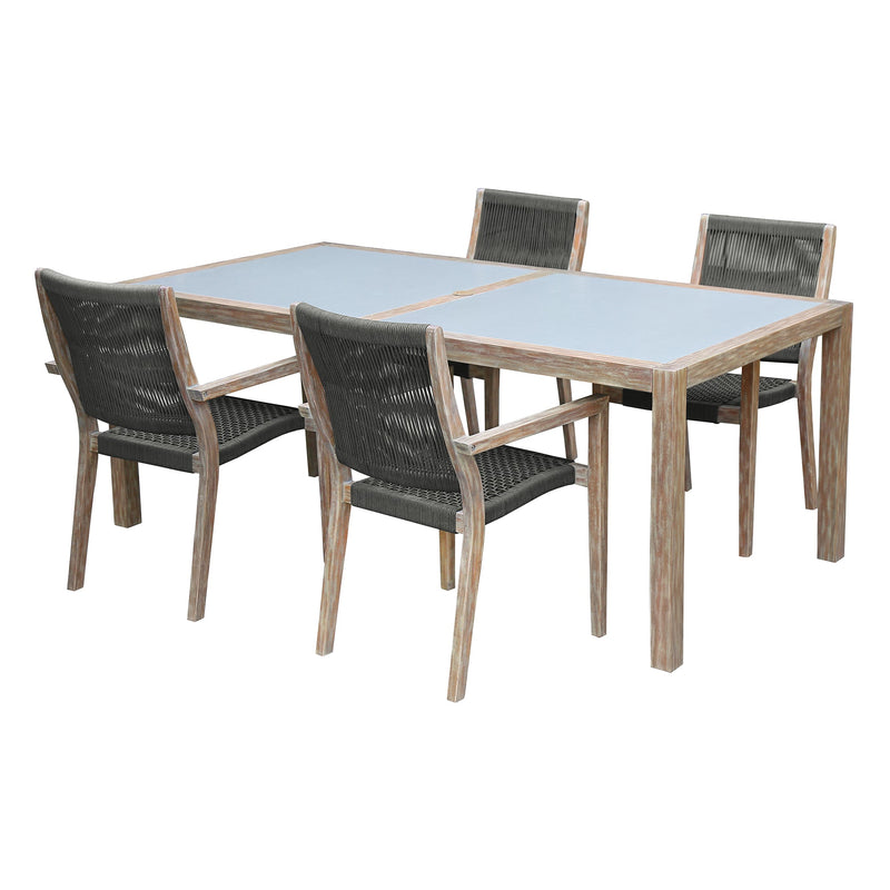 Sienna 5-Piece Outdoor Dining Set with Eucalyptus Frame, Super Stone Top, and Charcoal Rope Chairs