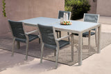 Sienna 5-Piece Outdoor Dining Set with Eucalyptus Frame, Super Stone Top, and Charcoal Rope Chairs