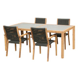 Sienna 5-Piece Outdoor Dining Set with Eucalyptus Frame, Super Stone Top, and Charcoal Rope Chairs