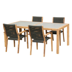 Sienna 5-Piece Outdoor Dining Set with Eucalyptus Frame, Super Stone Top, and Charcoal Rope Chairs