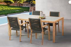 Sienna 5-Piece Outdoor Dining Set with Eucalyptus Frame, Super Stone Top, and Charcoal Rope Chairs