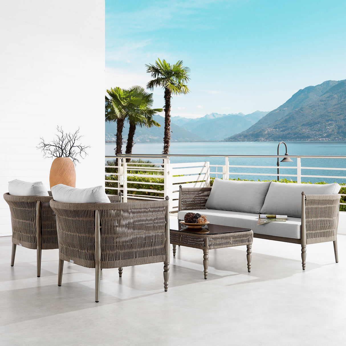Safari 4-Piece Outdoor Conversation Set with Beige Cushions, Wicker & Aluminum, UV Resistant Comfort