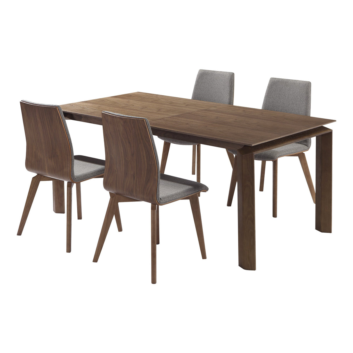 Treviso 5-Piece Mid-Century Modern Dining Set with Walnut Table & 4 Comfortable Gray Chairs
