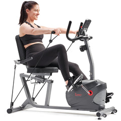 Sunny Health & Fitness  Performance Smart Recumbent Exercise Bike with Resistance Bands