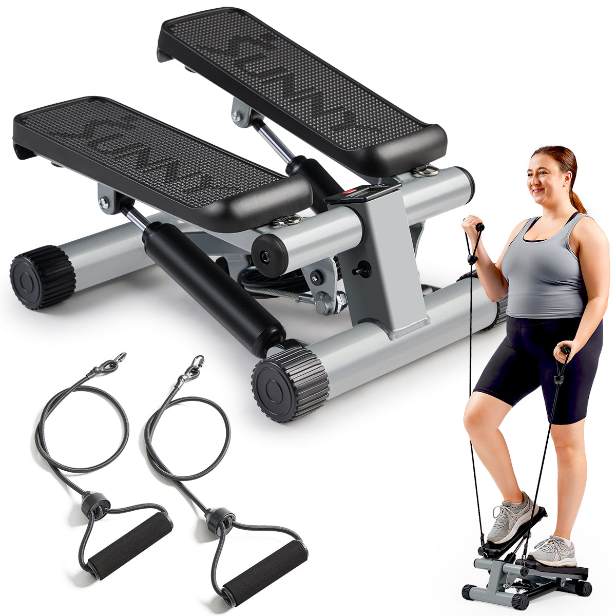 Sunny Health & Fitness Mini Stepper with Resistance Bands Step Machine w/ LCD Monitor