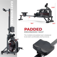 Sunny Health & Fitness Premium Smart Obsidian Surge 500 m Water Rowing Machine