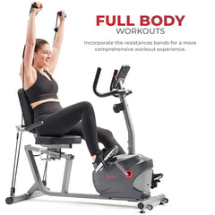 Sunny Health & Fitness  Performance Smart Recumbent Exercise Bike with Resistance Bands