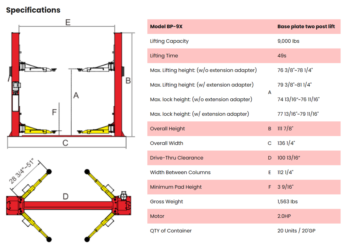 AMGO BP-9X 9,000 lbs 2 Post Lift - BP-9X