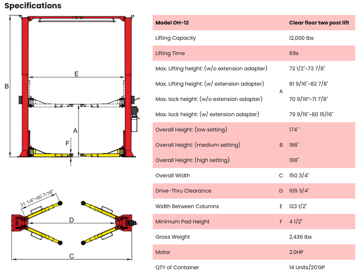 AMGO OH-12 12,000 lbs 2 Post Lift