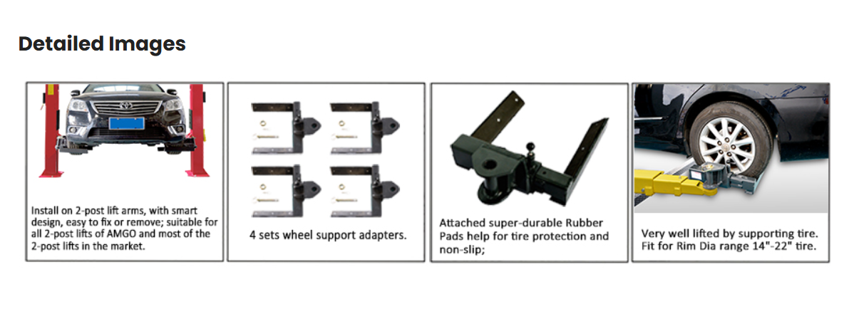 AMGO Adjustable Wheel Support Adapter, Optional Accessories For Two Post Lifts