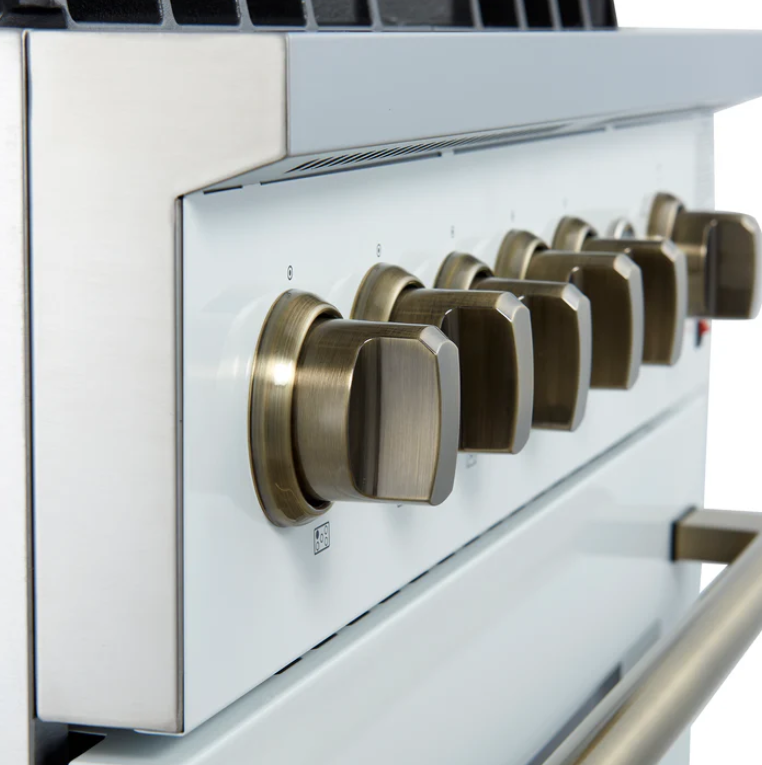 FORNO Giovanni 30" 4.32 cu. ft. Gas Range with 5 Burners, Air Fry Basket, Wok Support and Griddle in White with Antique Brass Accents, FFSGS6274-30WHT