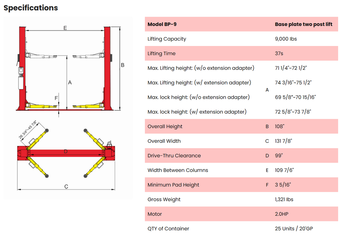 AMGO BP-9 9,000 lbs 2 Post Lift