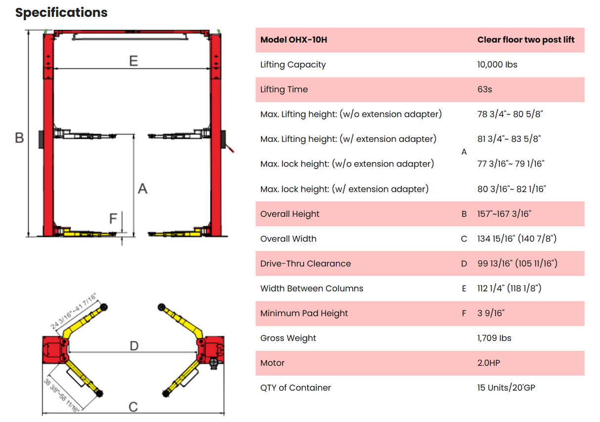 AMGO OHX-10H 10,000 lbs 2 Post Lift