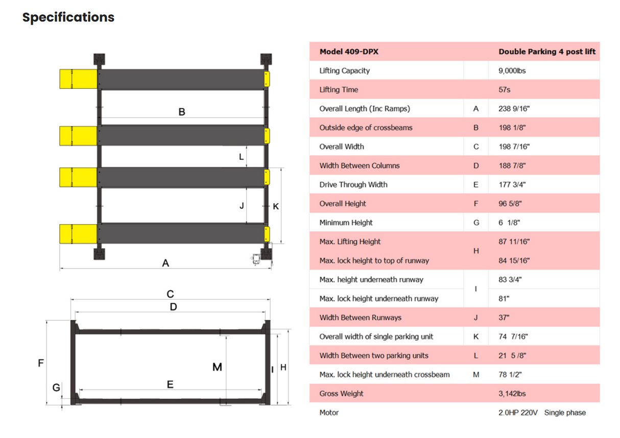 AMGO 409-DPX 9,000 lbs Double Parking 4 Post Lift