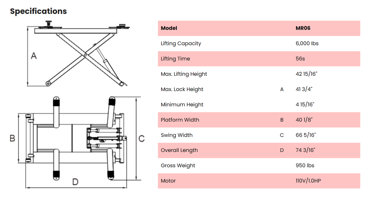 Amgo MR06, 6000lb Mid Rise Scissor Lift - Portable