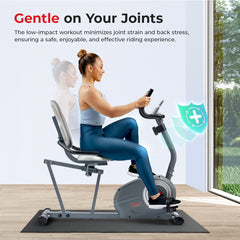 Sunny Health & Fitness Essentials Series Magnetic Smart Recumbent Bike with Exclusive SunnyFit® App Enhanced Bluetooth Connectivity