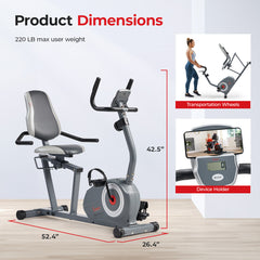 Sunny Health & Fitness Essentials Series Magnetic Smart Recumbent Bike with Exclusive SunnyFit® App Enhanced Bluetooth Connectivity