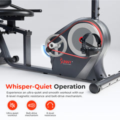 Sunny Health & Fitness Smart Magnetic Resistance Recumbent Bike with Easy Adjustable Seat