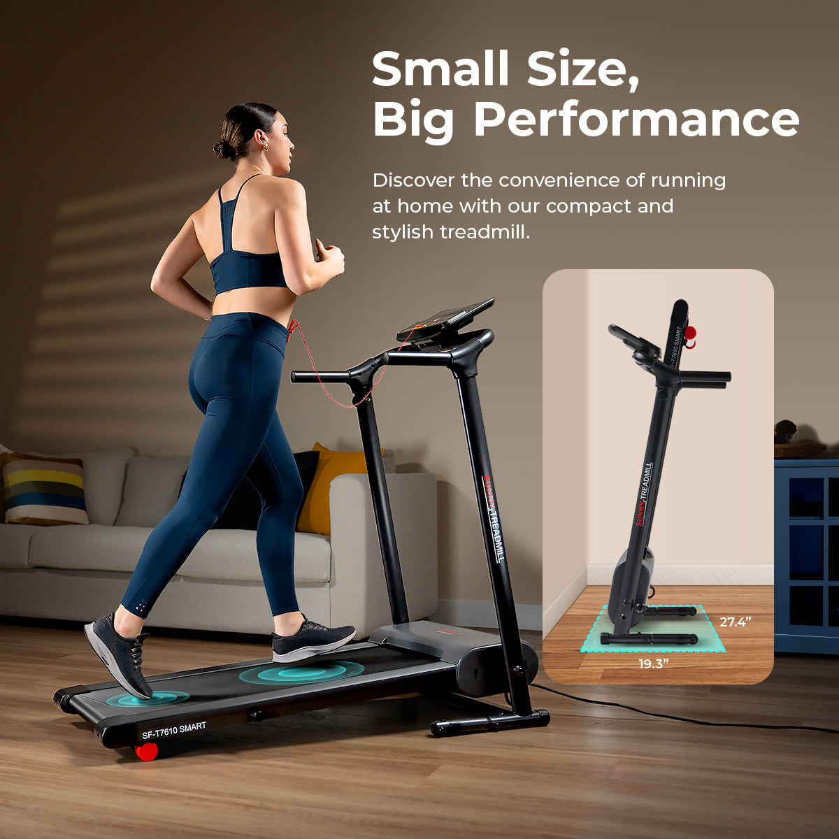 Sunny Health Fitness Compact Motorized Smart Treadmill with Easy Assembly & Folding