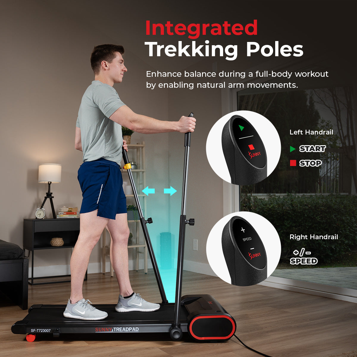 Sunny Health & Fitness Under Desk Walking Pad Smart Treadmill With Hiking Pole