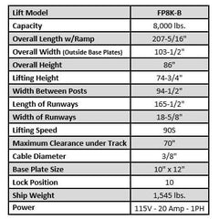 Tuxedo FP8K-B 8,000 lb Service Storage Lift - Basic FP8K-B