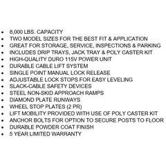 Tuxedo FP8K-DX 8,000 lb Deluxe Storage Lift - Poly casters, drip trays, jack tray FP8K-DX