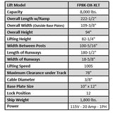 Tuxedo FP8K-DX-XLT 8,000 lb Deluxe Storage Lift Extended Length / Height - Poly casters, drip trays, jack tray FP8K-DX-XLT