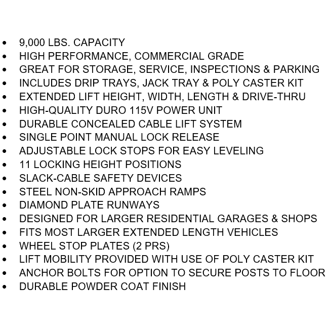 Tuxedo FP9K-DX-XLT 9,000 lb Deluxe Storage Lift Extended Length / Height - Poly casters, drip trays, jack tray FP9K-DX-XLT