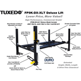 Tuxedo FP9K-DX-XLT 9,000 lb Deluxe Storage Lift Extended Length / Height - Poly casters, drip trays, jack tray FP9K-DX-XLT