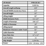 Tuxedo FP9K-DX-XLT 9,000 lb Deluxe Storage Lift Extended Length / Height - Poly casters, drip trays, jack tray FP9K-DX-XLT