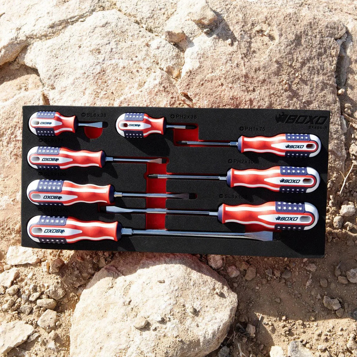 Boxo 8-Piece American Flag Handle Screwdriver Set | 1/3rd EVA Foam