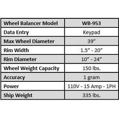 Tuxedo WB-953 Wheel Balancer - Hood Assembly Included WB-953