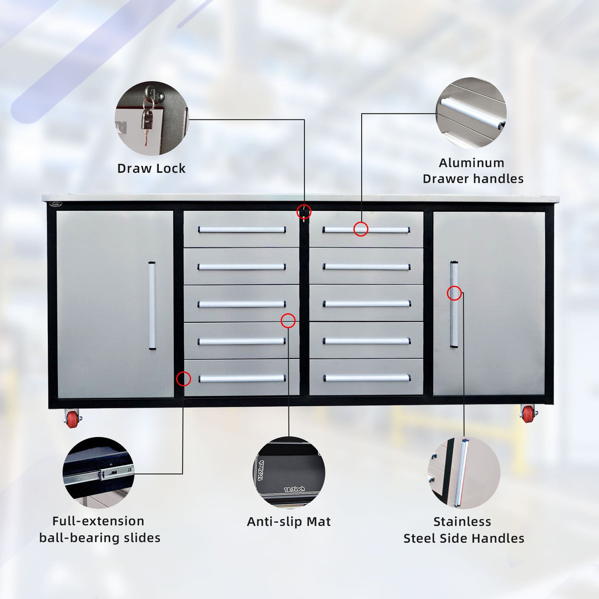 7ft 10-drawer Storage Workbench with Wheels