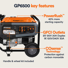 Generac Portable Generator, 6500W | Electric Start with COsense | 49ST/CSA